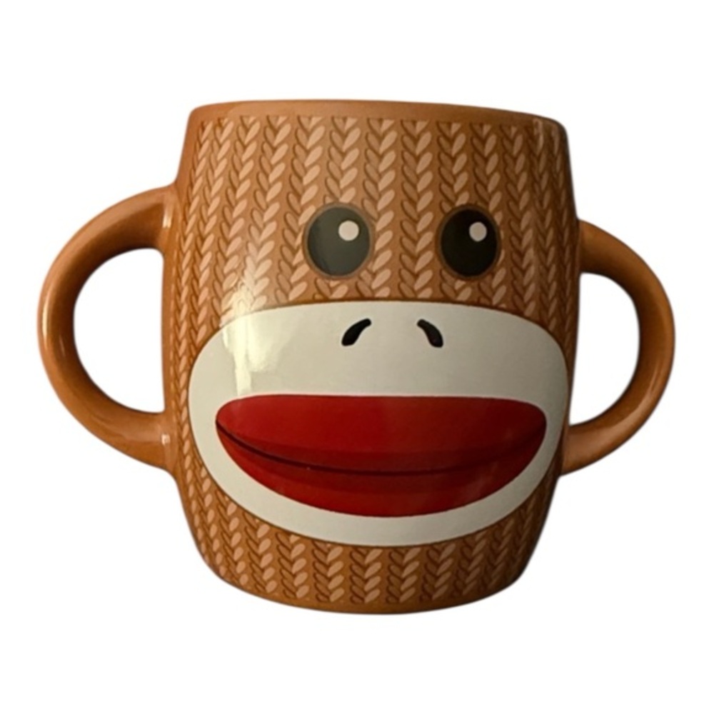 Galerie Sock Monkey Face Mug Double Handle Ceramic Coffee / Cocoa Cup
